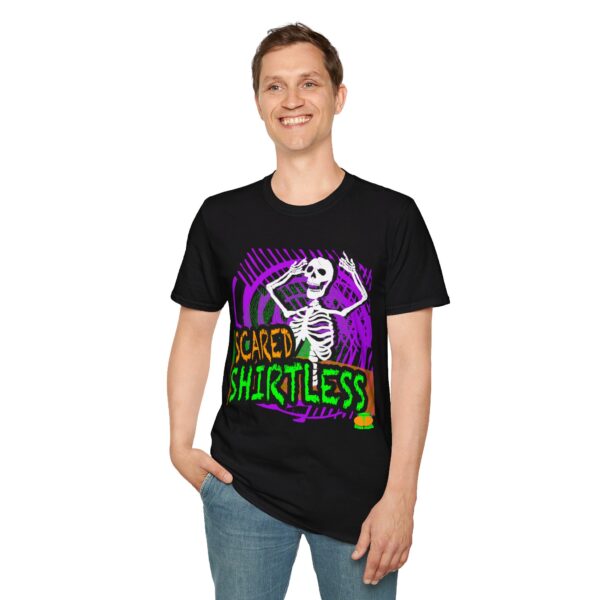 Scared Shirtless Skeleton Halloween T-Shirt - Unisex - Image 3